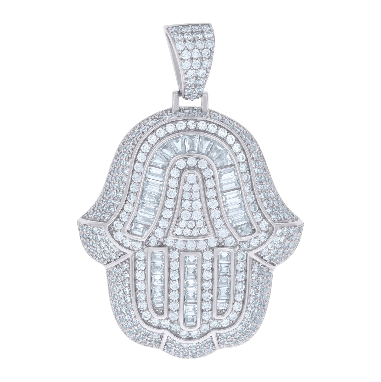 Sterling Silver Mens Baguette Round Cubic-Zirconia Hamsa Symbol Religious Charm Pendant