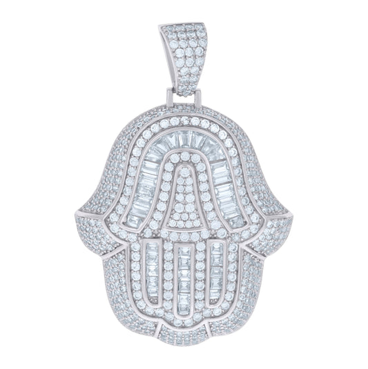 Sterling Silver Mens Baguette Round Cubic-Zirconia Hamsa Symbol Religious Charm Pendant