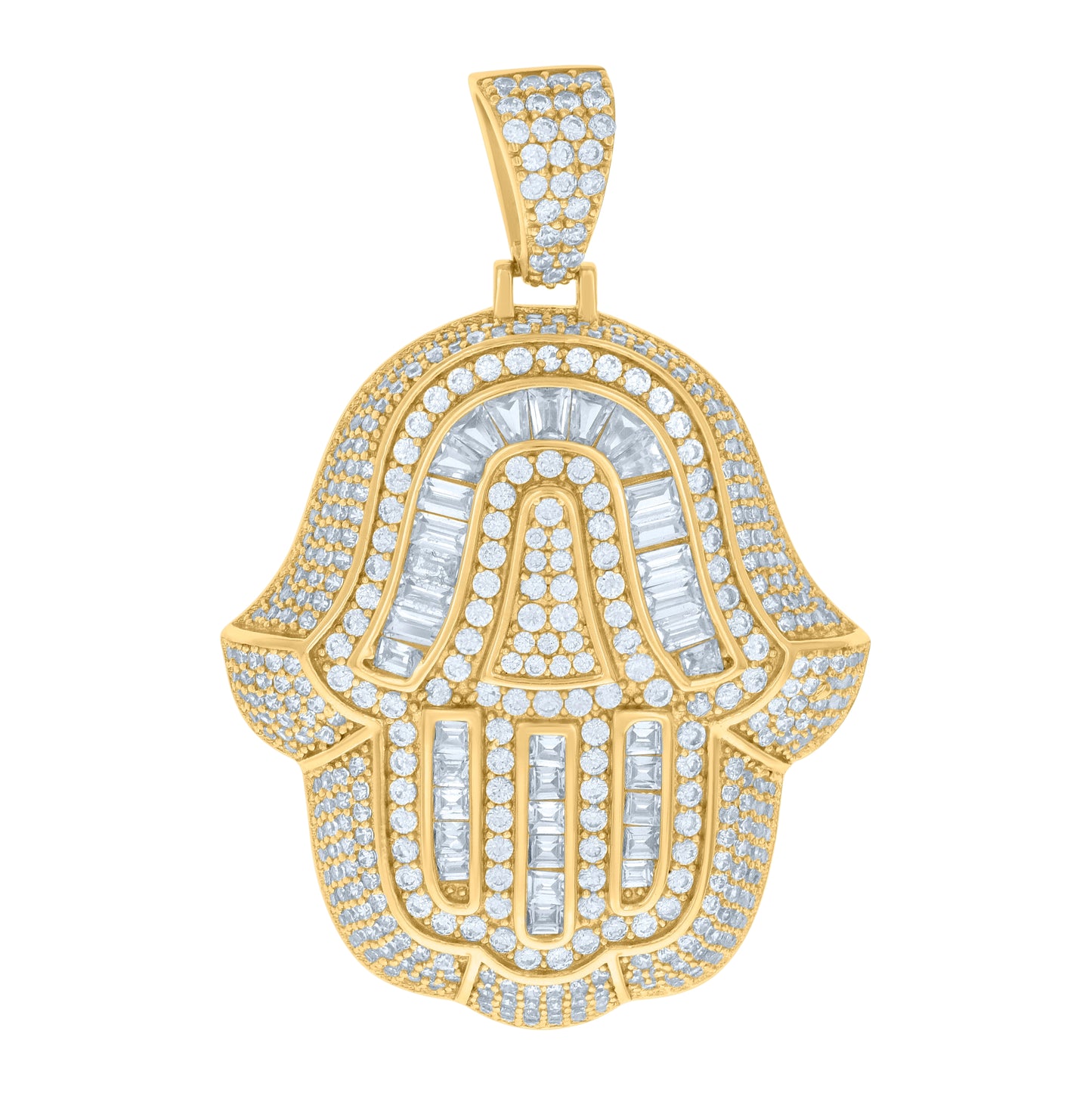 Sterling Silver Mens Baguette Round Cubic-Zirconia Hamsa Symbol Religious Charm Pendant