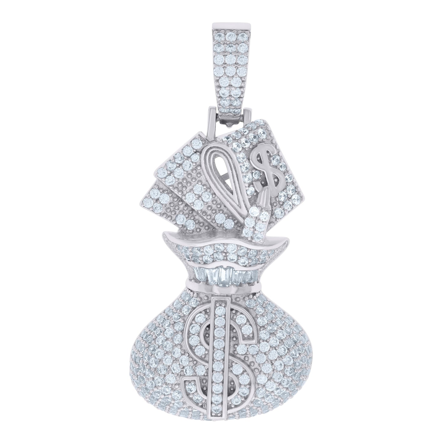 Sterling Silver Mens Cubic-Zirconia Money Bag Currency Fashion Charm Pendant