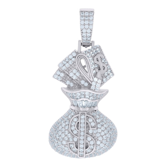 Sterling Silver Mens Cubic-Zirconia Money Bag Currency Fashion Charm Pendant