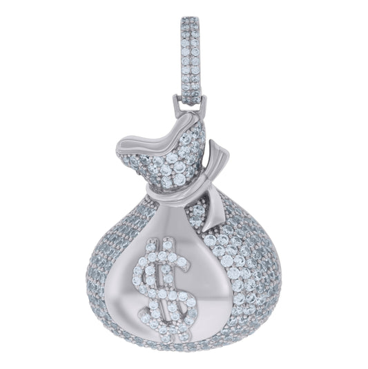 Sterling Silver Mens Cubic-Zirconia Money Bag Currency Fashion Charm Pendant