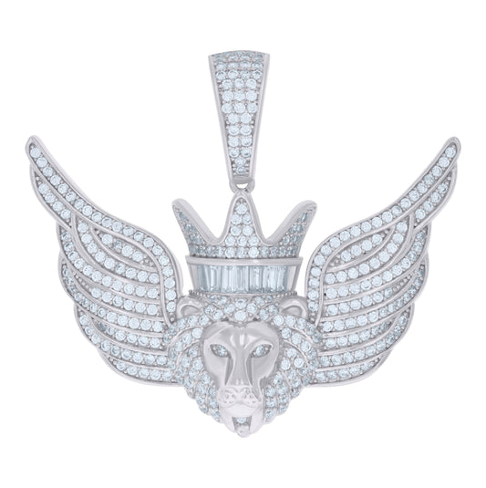 Sterling Silver Mens Baguette Round Cubic-Zirconia Flying Leo/Lion Zodiac Sign/Wildlife Pendant