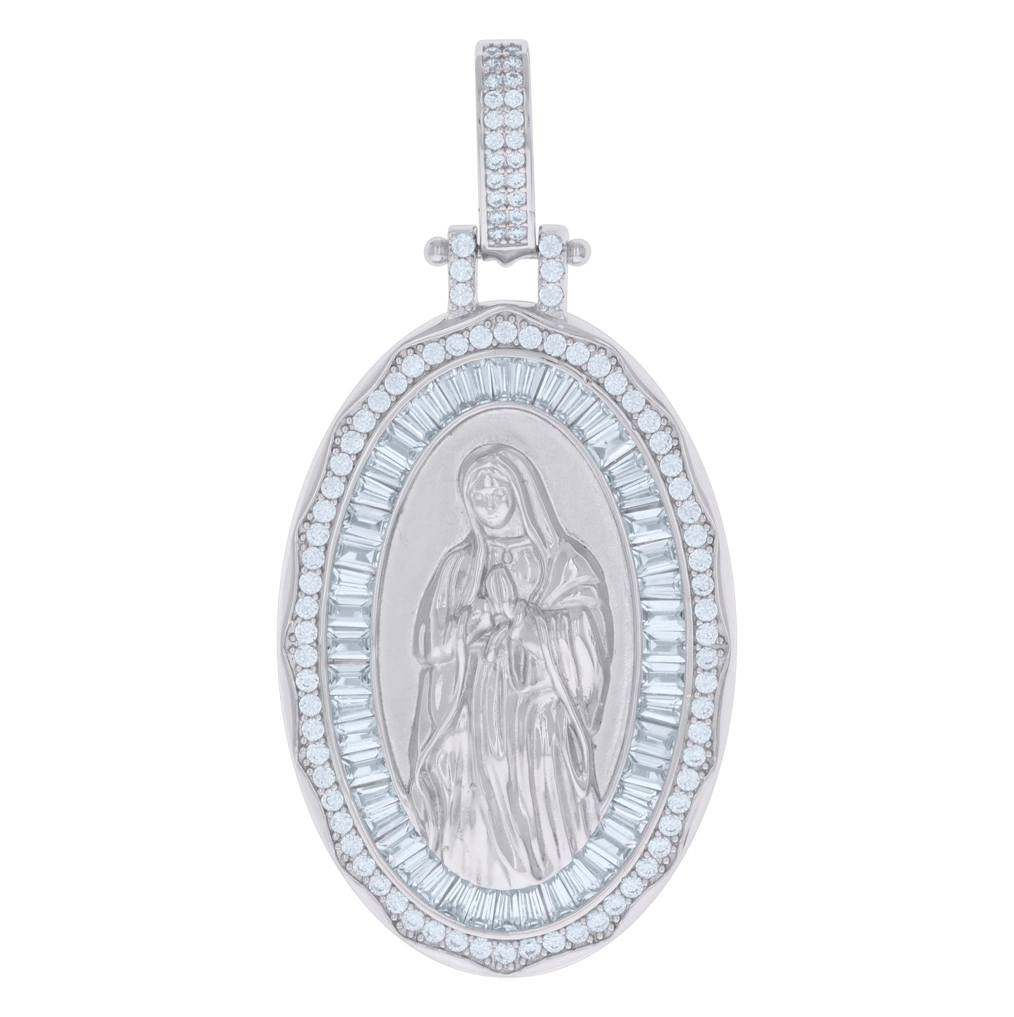 Sterling Silver Mens Baguette Round Cubic-Zirconia Guadalupe Religious Charm Pendant