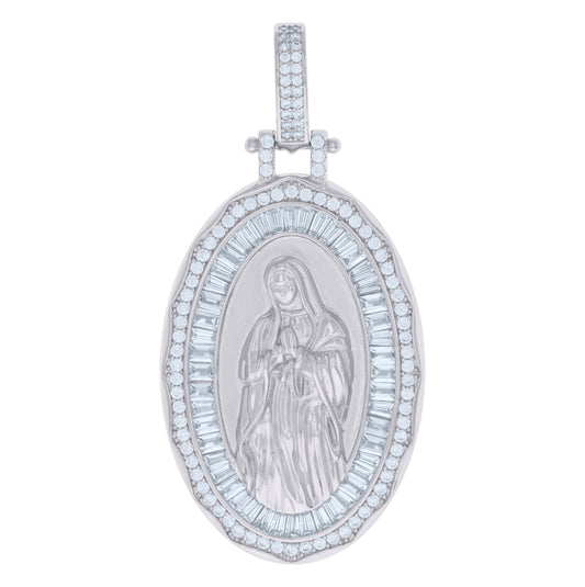 Sterling Silver Mens Baguette Round Cubic-Zirconia Guadalupe Religious Charm Pendant