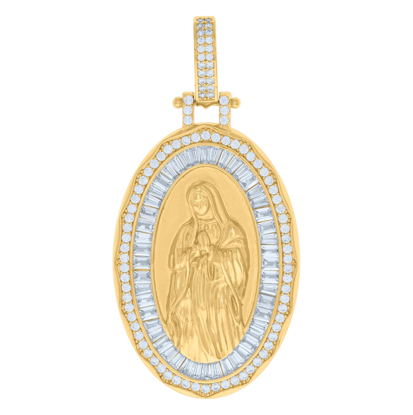 Sterling Silver Mens Baguette Round Cubic-Zirconia Guadalupe Religious Charm Pendant