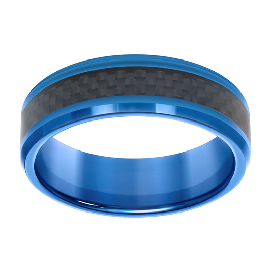 Tungsten Black & Blue Mens Carbon Fiber Inlay Comfort-fit Bridal Anniversary Engagement Wedding Band