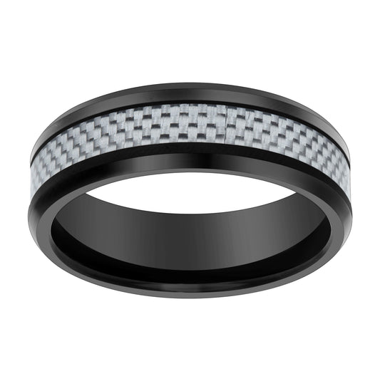 Tungsten Black-tone Mens 8mm Grey Carbon Fiber Inlay Comfort-fit Bridal Anniversary Engagement Wedding Band