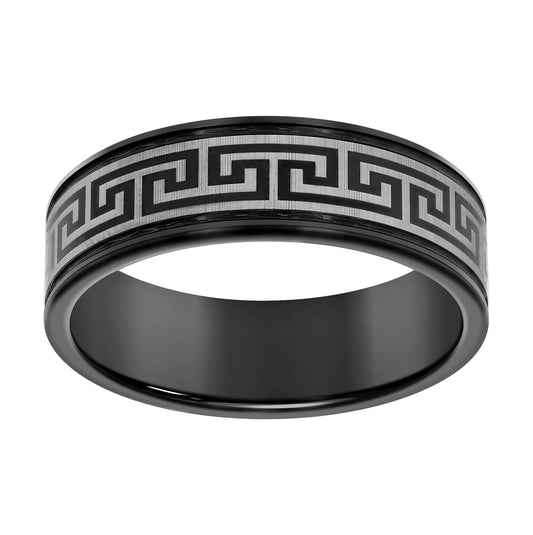 Tungsten Black-tone Mens 8mm Greek Key Comfort-fit Bridal Anniversary Engagement Wedding Band