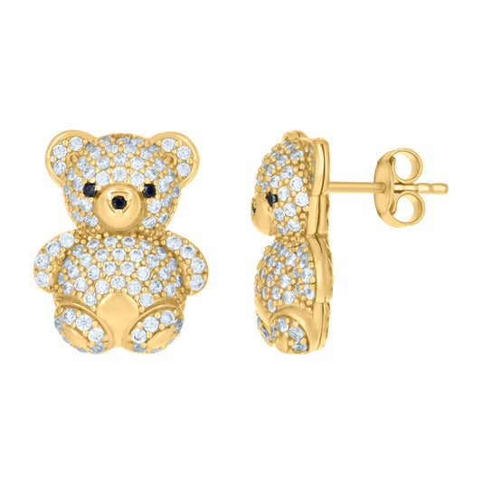 10K Yellow Gold Womens Black White Cubic-Zirconia Teddy Bear Fashion Stud Earrings