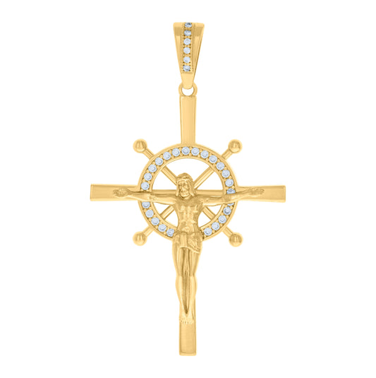 10K Yellow Gold Mens Cubic-Zirconia Crucifix Cross Religious Charm Pendant