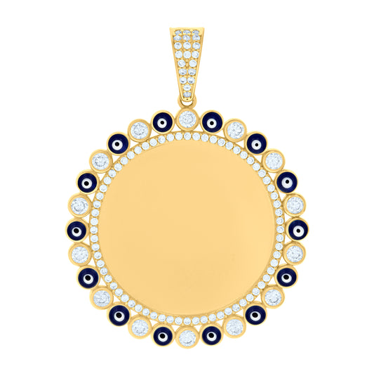 10K Yellow Gold Mens Cubic-Zirconia Enamel Evil Eye Photo Frame Charm Pendant