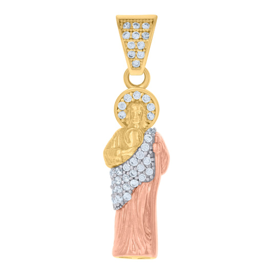 10K Tri-Color Gold Mens Cubic-Zirconia Saint Jude Religious Charm Pendant
