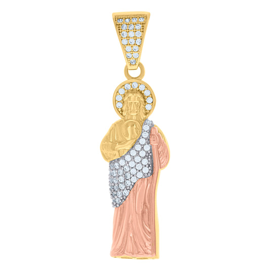 10K Tri-Color Gold Mens Cubic-Zirconia Saint Jude Religious Charm Pendant