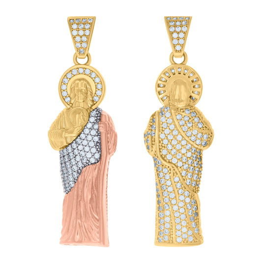 10K Tri-Color Gold Mens Cubic-Zirconia Saint Jude Religious Charm Pendant