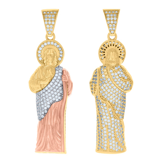 10K Tri-Color Gold Mens Cubic-Zirconia Saint Jude Religious Charm Pendant