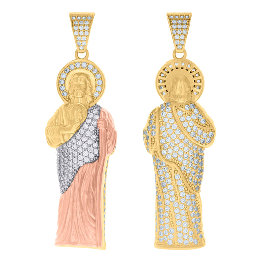 10K Tri-Color Gold Mens Cubic-Zirconia Saint Jude Religious Charm Pendant