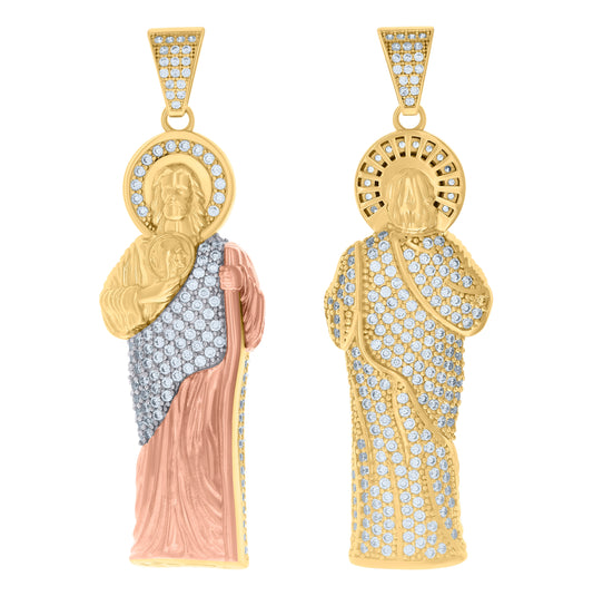10K Tri-Color Gold Mens Cubic-Zirconia Saint Jude Religious Charm Pendant