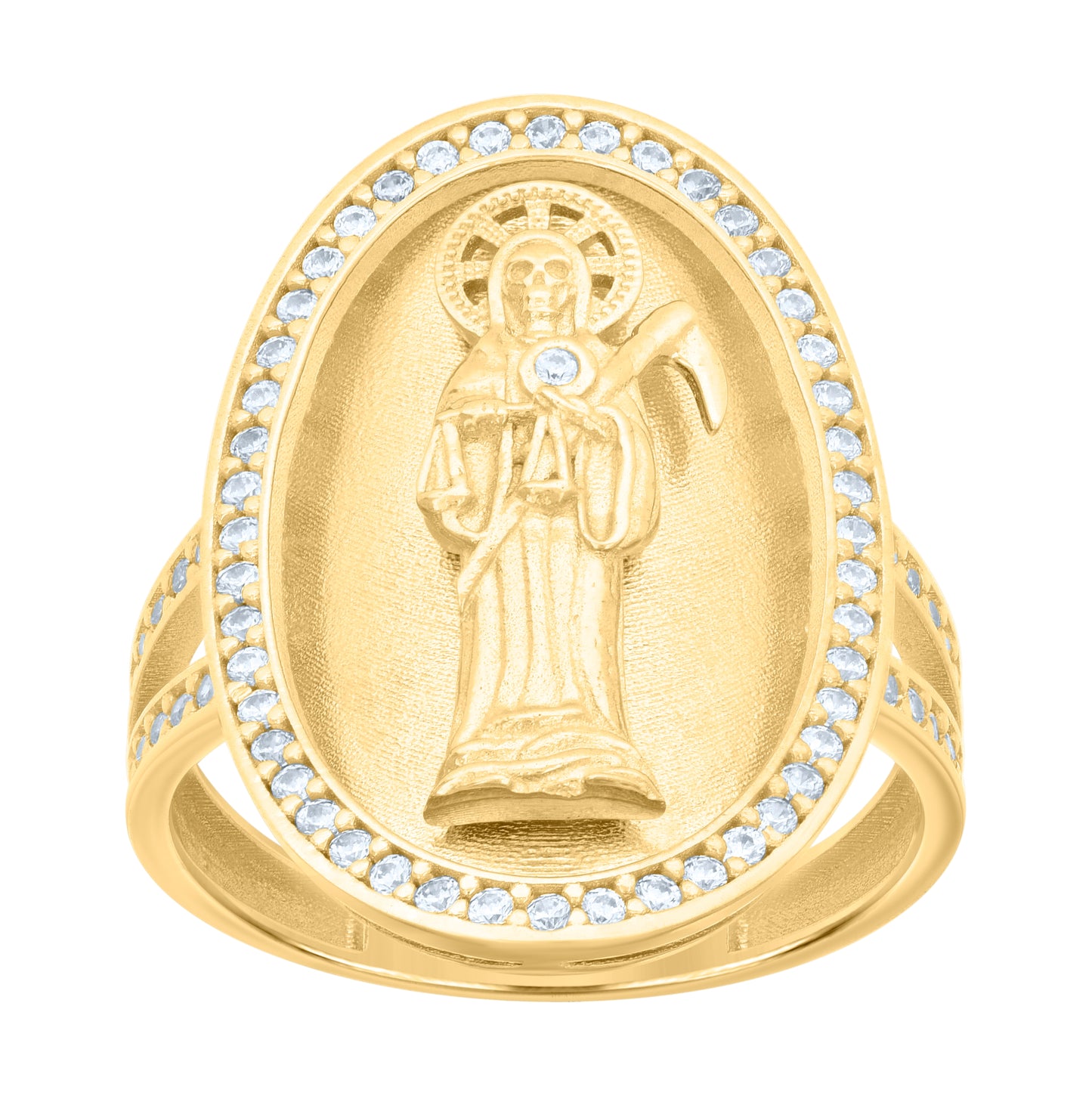 10K Yellow Gold Womens Cubic-Zirconia Oval Death Angel Santa Muerte Grim Reaper Religious Ring