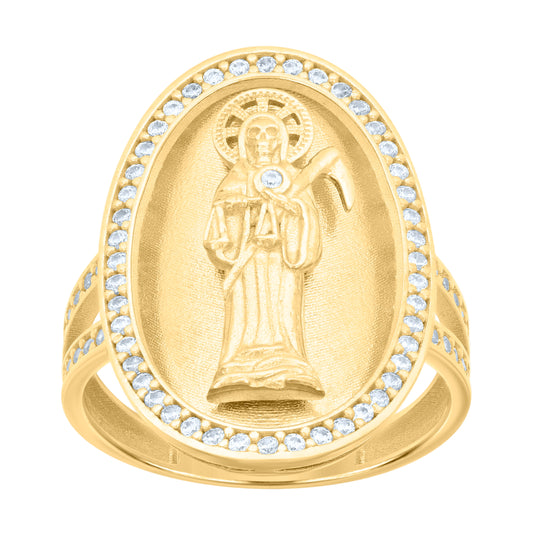 10K Yellow Gold Womens Cubic-Zirconia Oval Death Angel Santa Muerte Grim Reaper Religious Ring