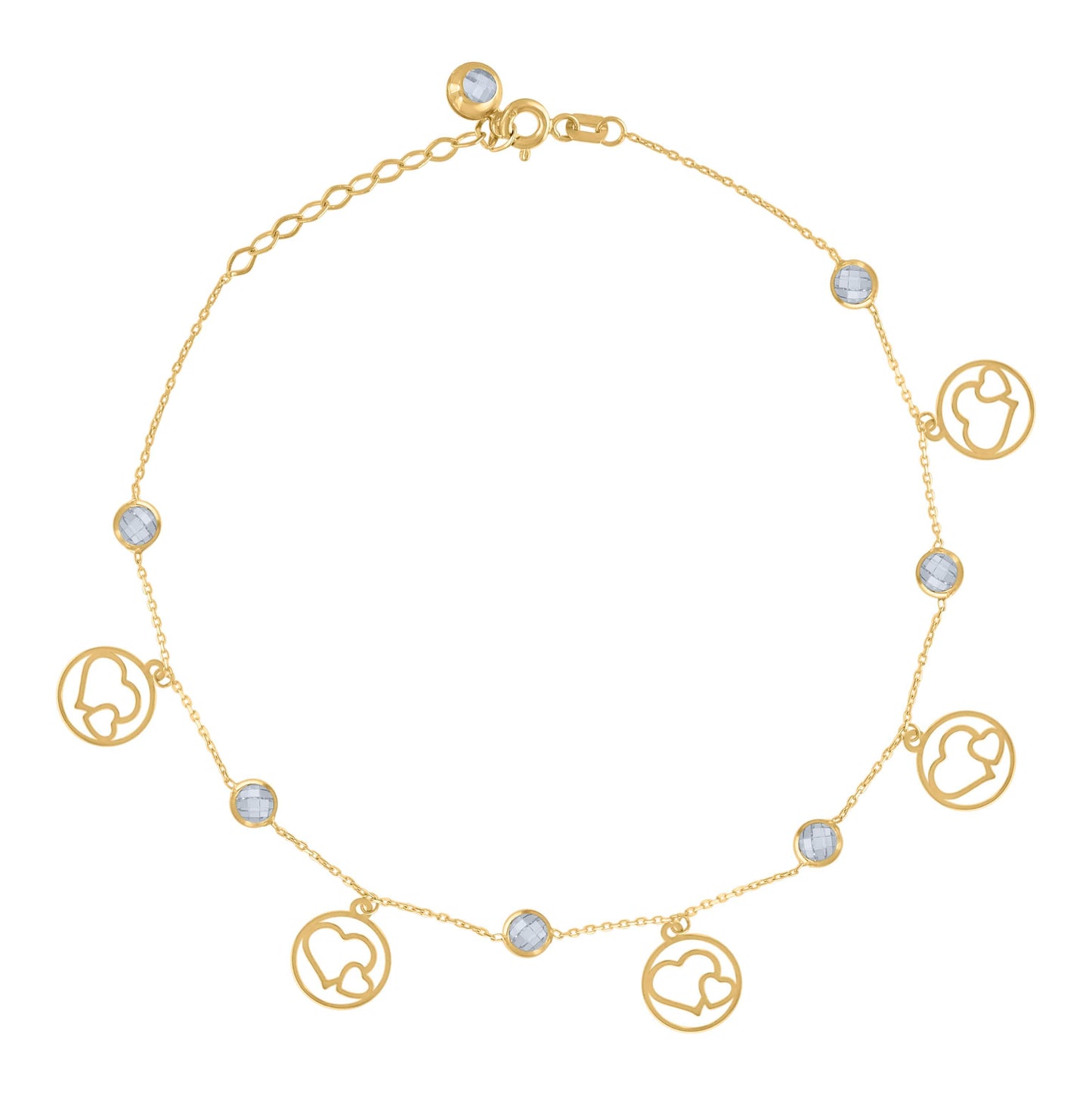 10K Yellow Gold Womens Cubic-Zirconia Hearts Charm Anklet Size 10 Inches