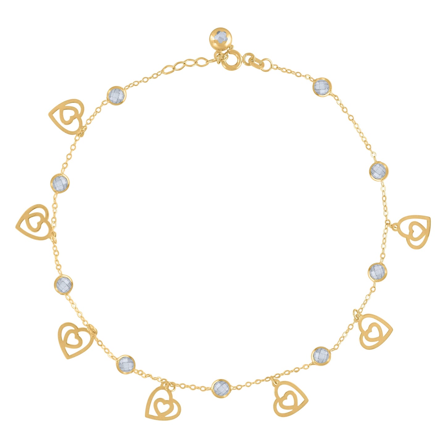 10K Yellow Gold Womens Cubic-Zirconia Hearts Charm Anklet Size 10 Inches