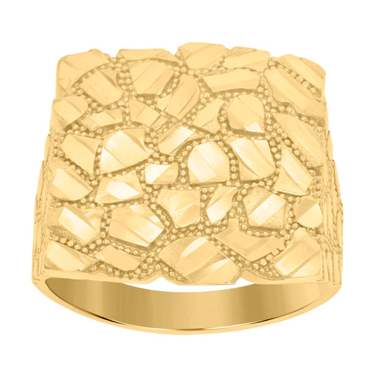 10K Yellow Gold Mens Diamond-Cut Square Head Nugget Fashion Ring