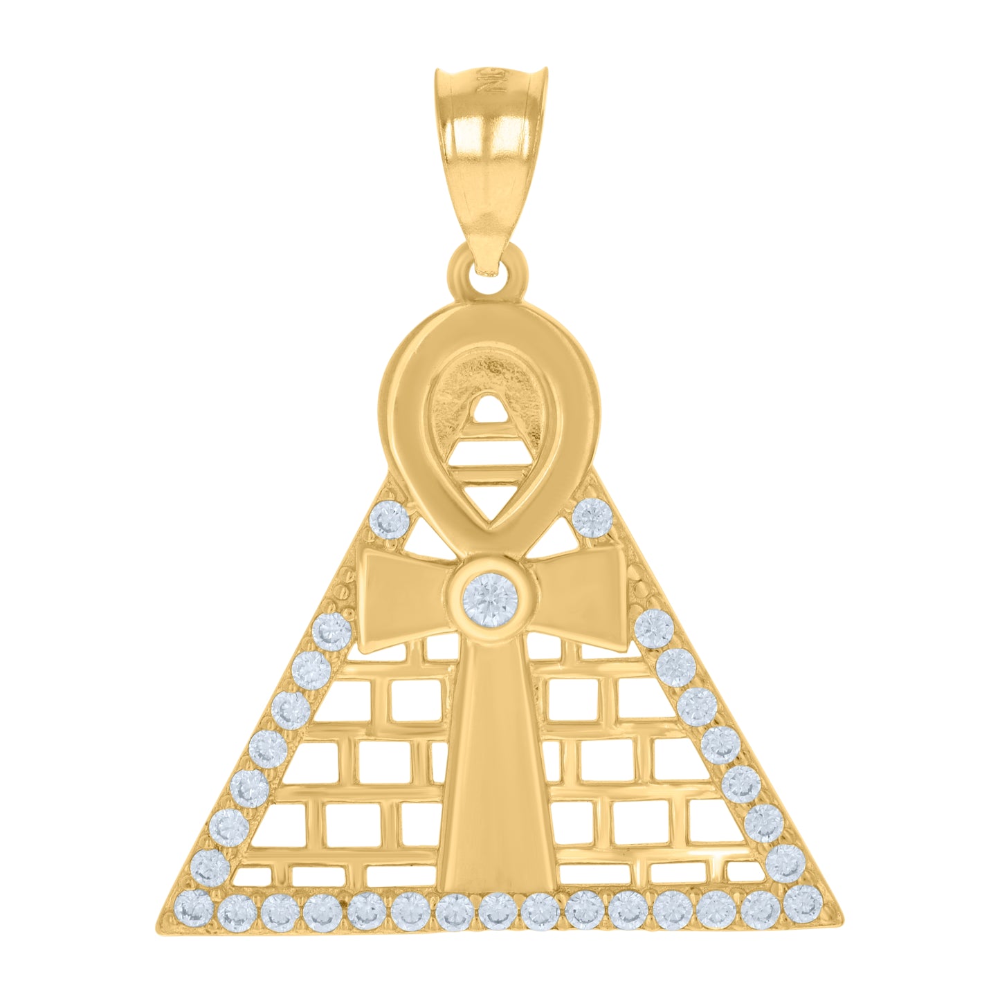 10K Yellow Gold Unisex Cubic-Zirconia Pyramid Egyptian Ankh Cross Religious Charm Pendant