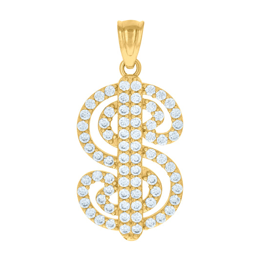 10K Yellow Gold Unisex Cubic-Zirconia Dollar Sign Currency Charm Pendant