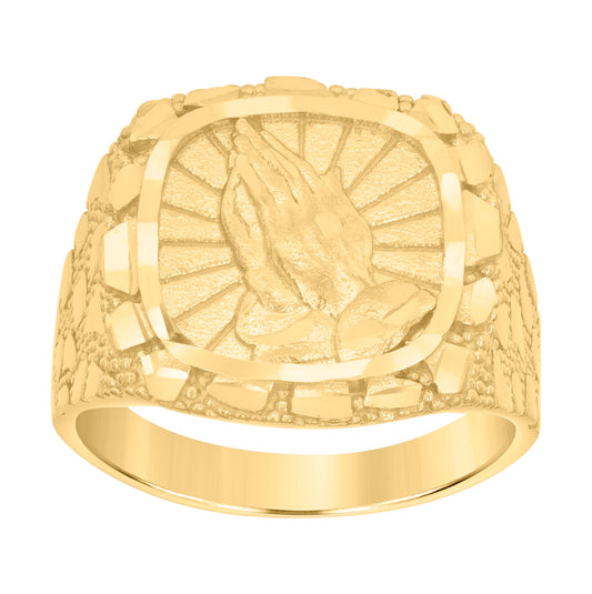 10K Yellow Gold Mens Diamond-Cut Praying Hands Symbol Religious Ring