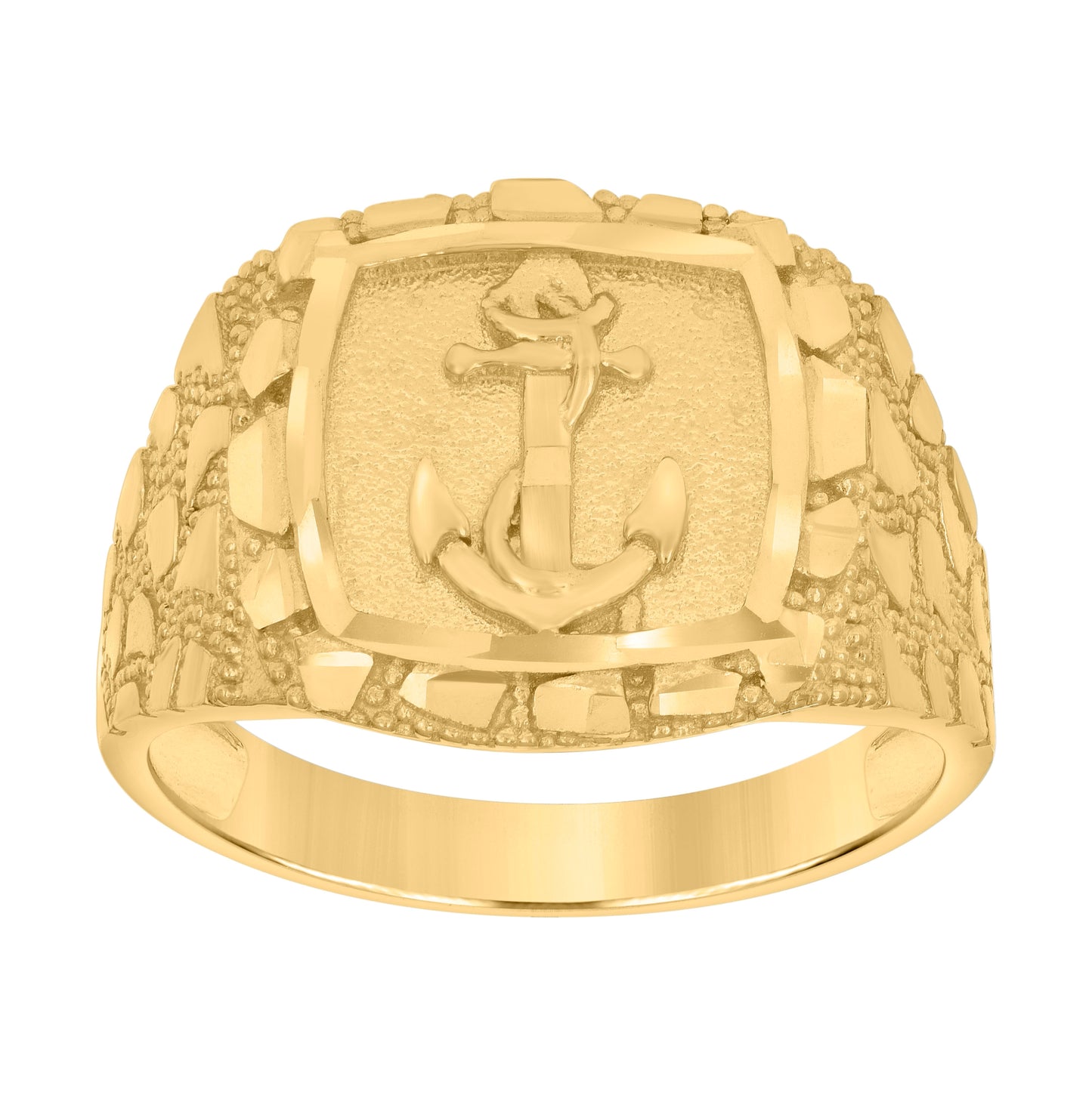 10K Yellow Gold Mens Diamond-Cut Square Head Anchor Fashion Ring