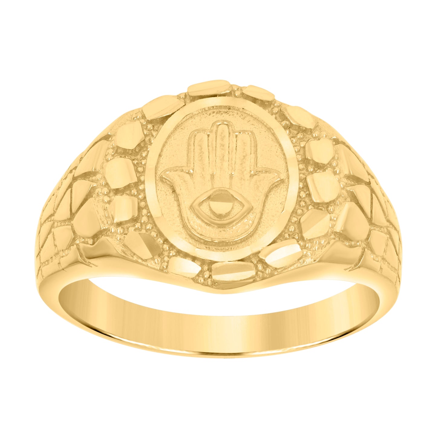 10K Yellow Gold Mens Diamond-Cut Evil Eye Hamsa Symbol Religious Ring