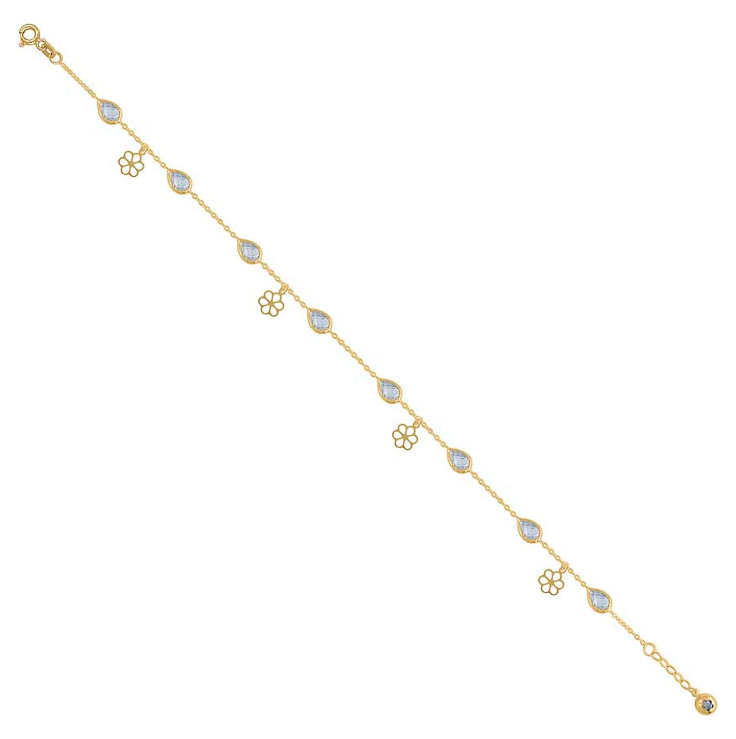 10K Yellow Gold Womens Pear Round Cubic-Zirconia Flower Charm Anklet Size 10 Inches