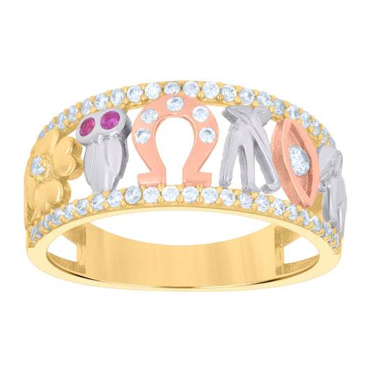 14K Tri-Color Gold Womens Purple White Cubic-Zirconia Elephant Owl Clover Horse Shoe Lucky Ring