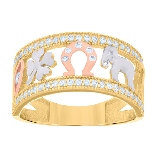 14K Tri-Color Gold Womens Cubic-Zirconia Elephant Clover Evil Eye Horse Shoe 7 Lucky Ring
