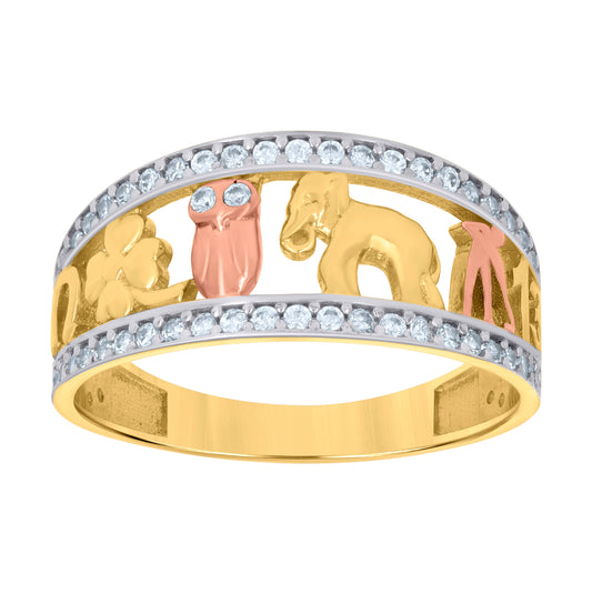 14K Tri-Color Gold Womens Cubic-Zirconia Elephant Owl Clover Horse Shoe Lucky Ring