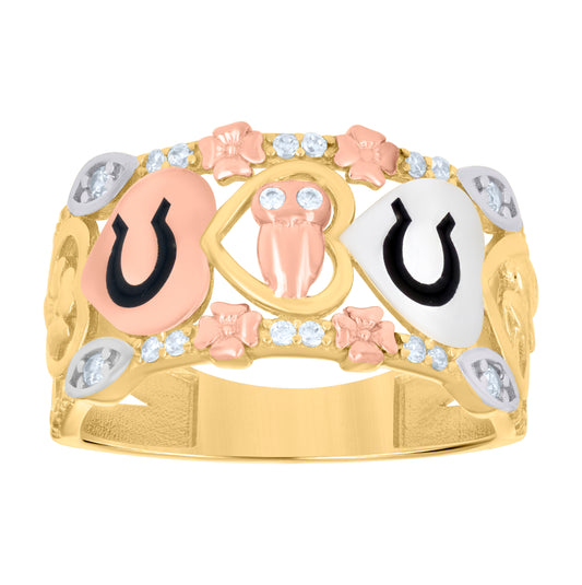 14K Tri-Color Gold Womens Cubic-Zirconia Owl Clover Horse Shoe Lucky Ring