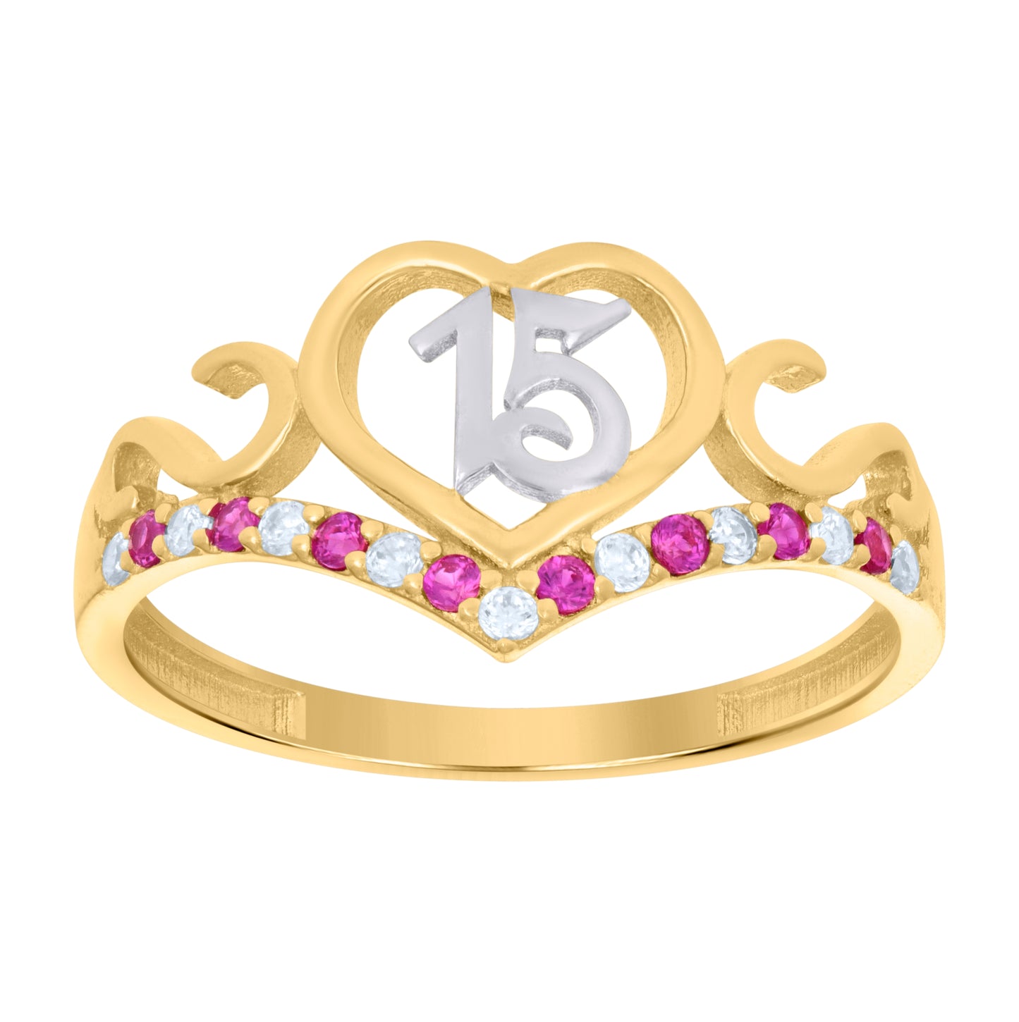14K Two-tone Gold Womens Pink White Cubic-Zirconia 15 Heart Quinceanera Ring