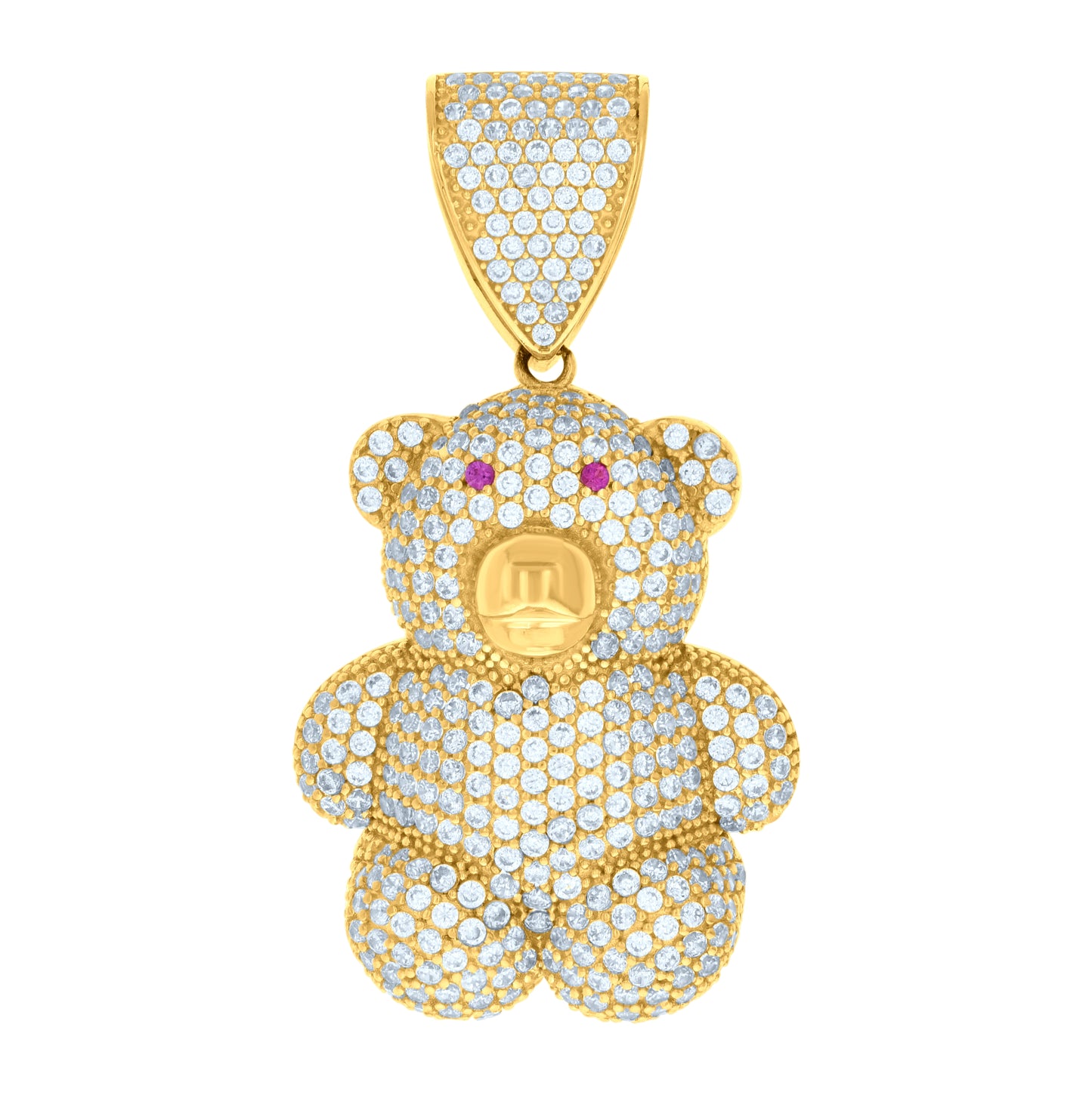 10K Yellow Gold Unisex Pink White Cubic-Zirconia Teddy Bear Charm Pendant