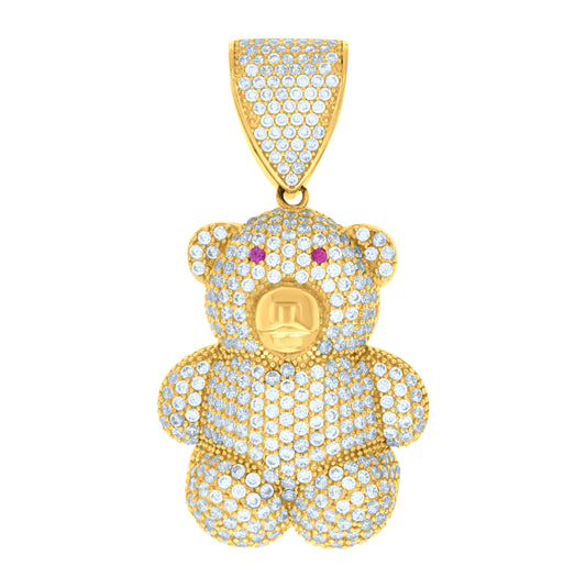 10K Yellow Gold Unisex Pink White Cubic-Zirconia Teddy Bear Charm Pendant