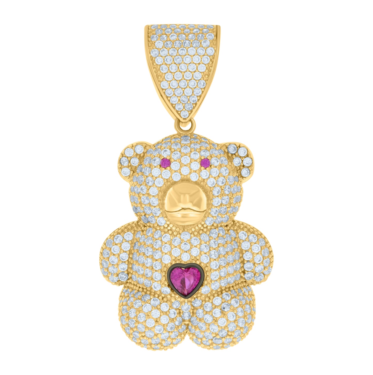 10K Yellow Gold Black-tone Unisex Pink White Heart Round Cubic-Zirconia Teddy Bear Charm Pendant