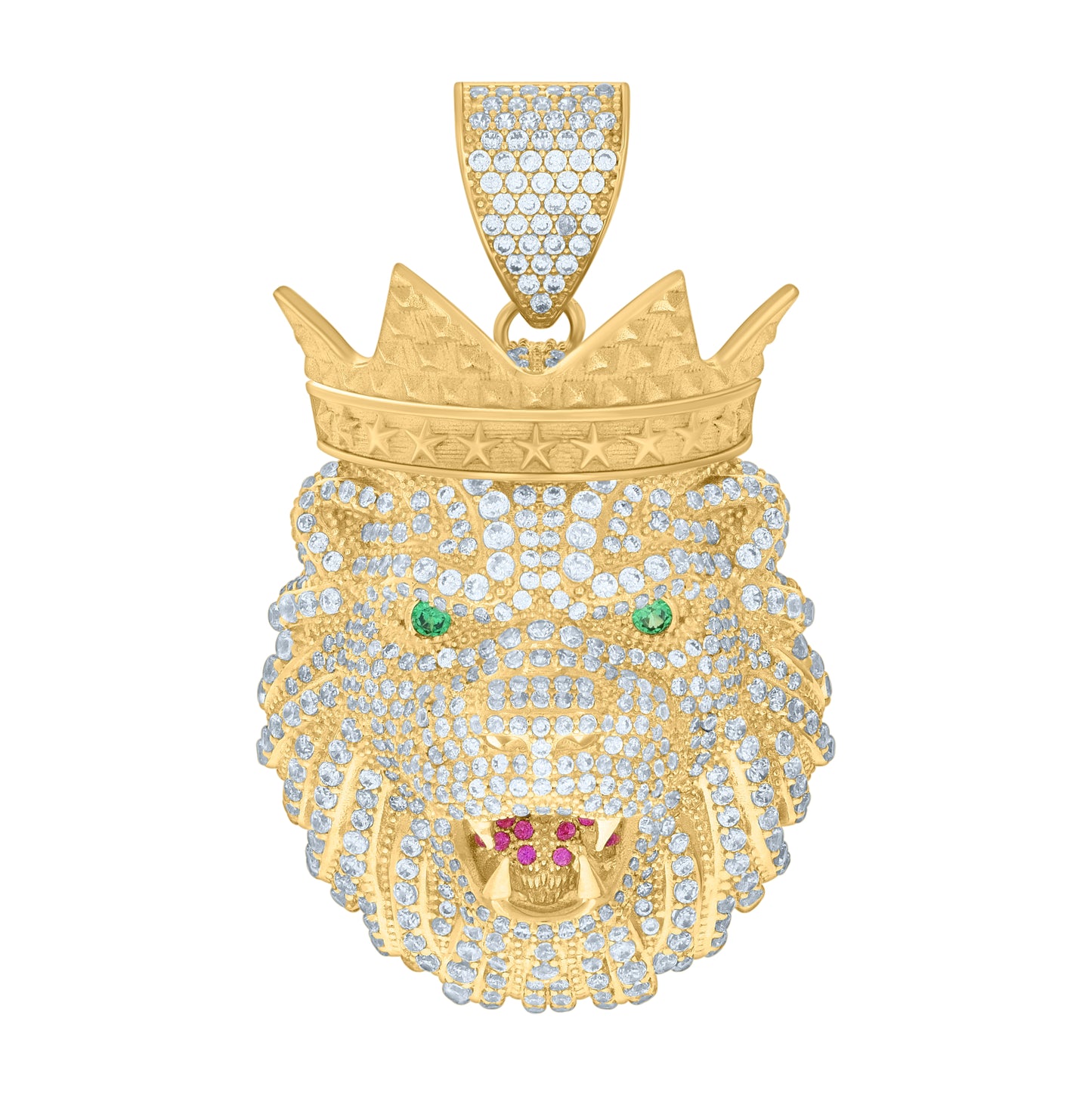 10K Yellow Gold Mens Green/Pink White Cubic-Zirconia Leo/Lion Head Animal Zodiac Sign/Wildlife Charm Pendant