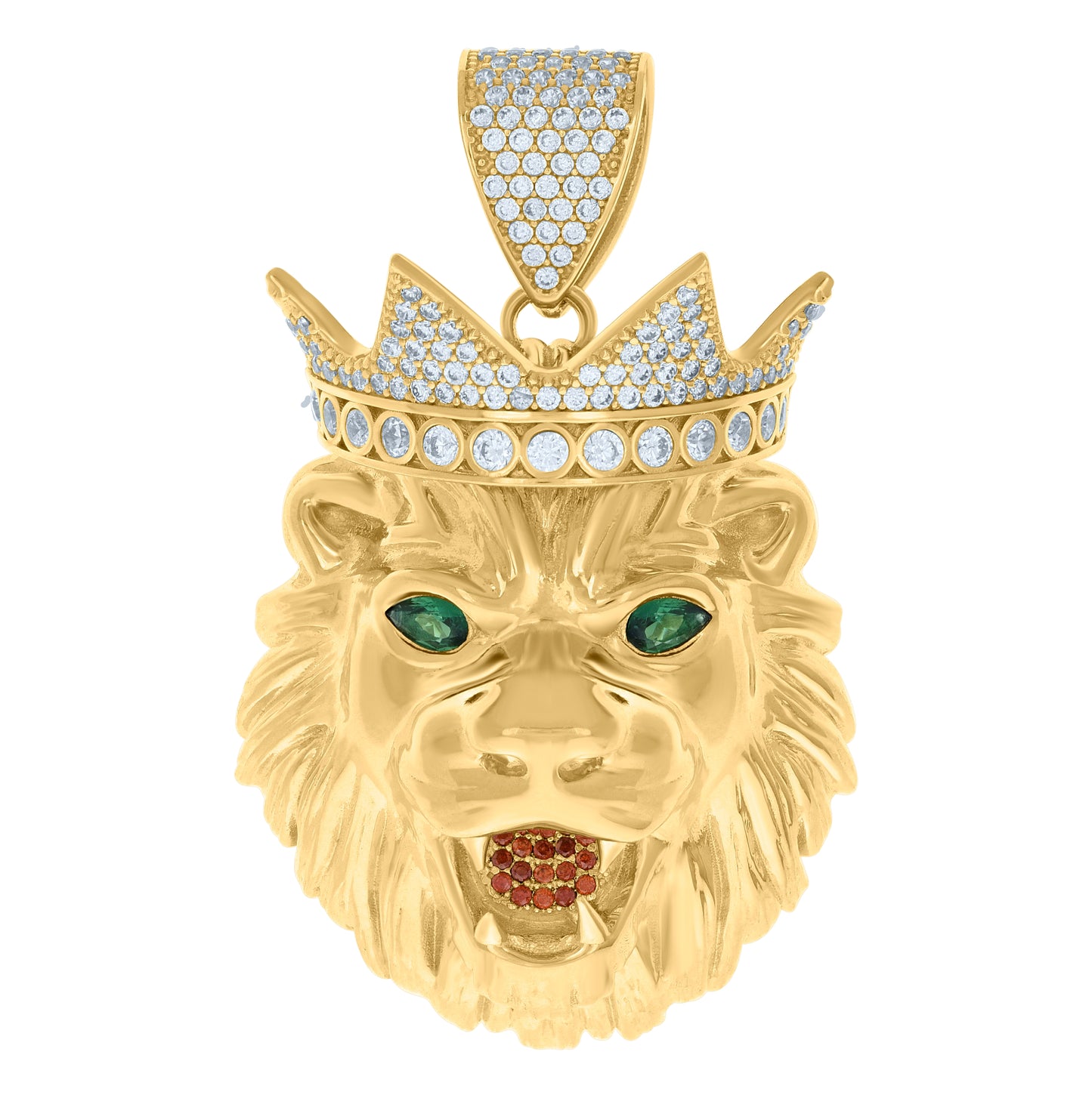 10K Yellow Gold Mens Green/Red White Cubic-Zirconia Leo/Lion Head Animal Zodiac Sign/Wildlife Charm Pendant
