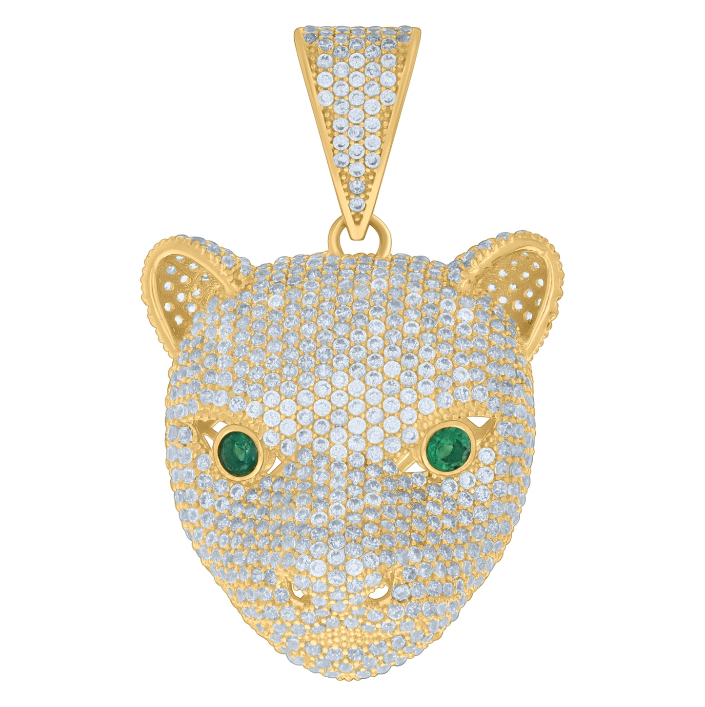 10K Yellow Gold Mens Green White Cubic-Zirconia Panther Head Animal Wildlife Charm Pendant