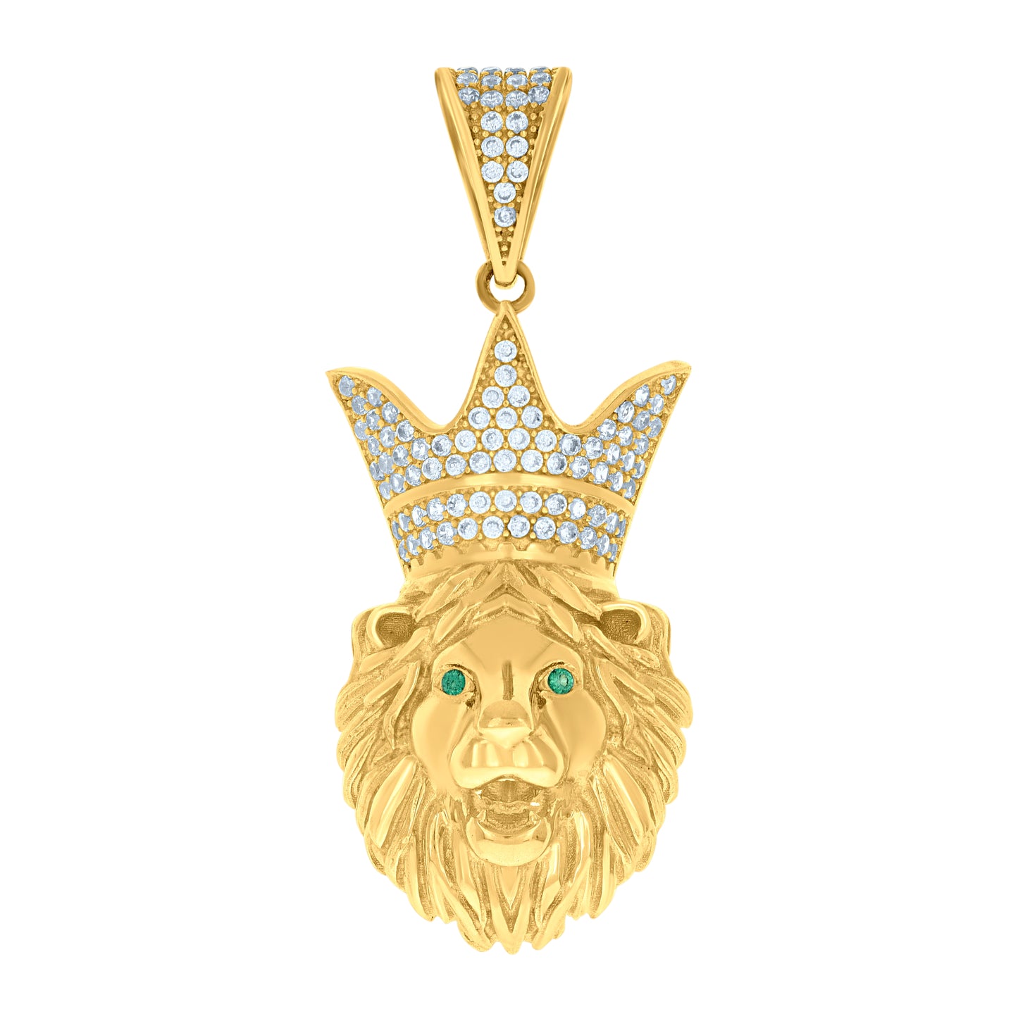 10K Yellow Gold Mens Green White Cubic-Zirconia Leo/Lion Head Animal Zodiac Sign/Wildlife Charm Pendant
