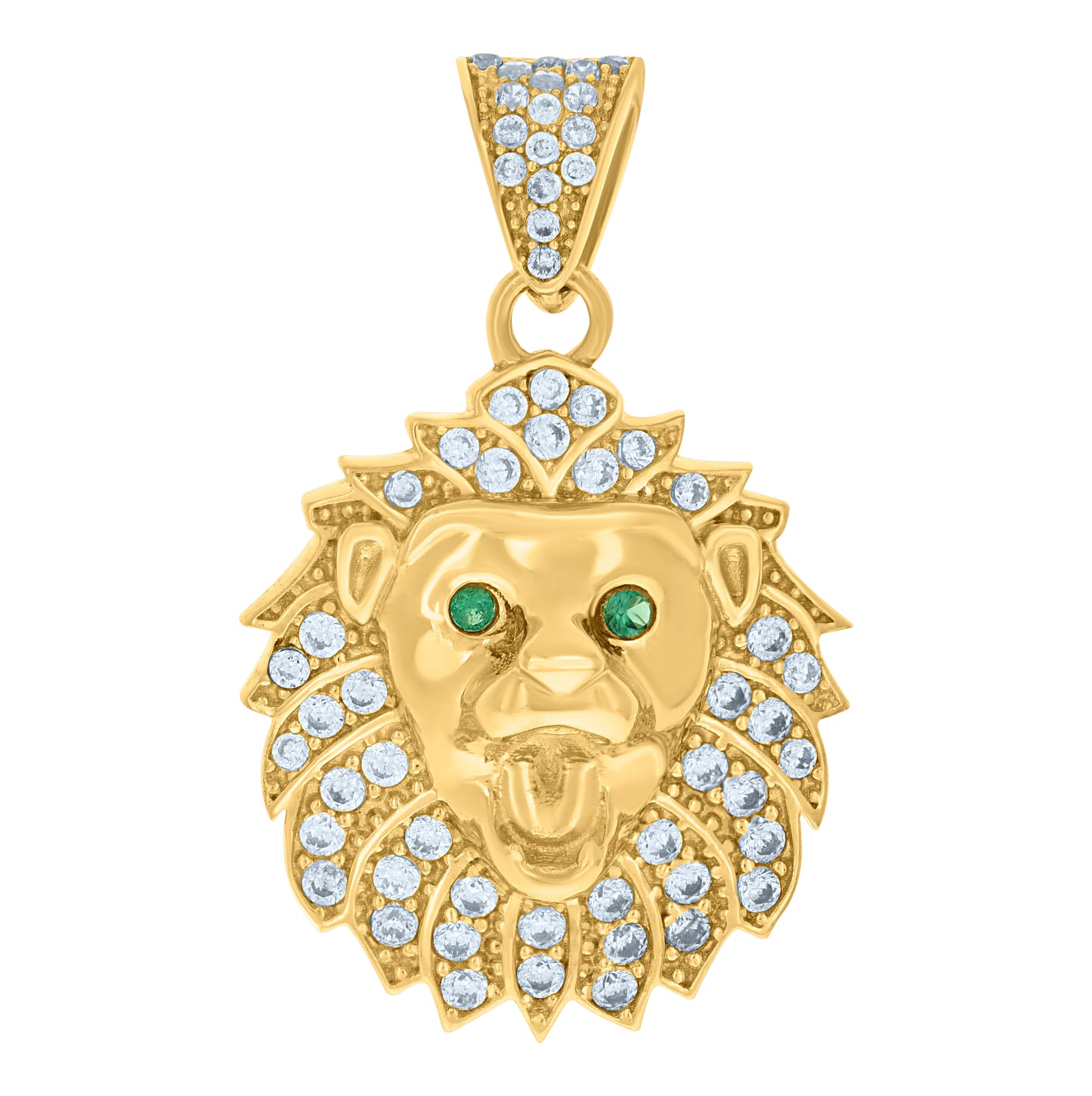 10K Yellow Gold Mens Green White Cubic-Zirconia Leo/Lion Head Animal Zodiac Sign/Wildlife Charm Pendant