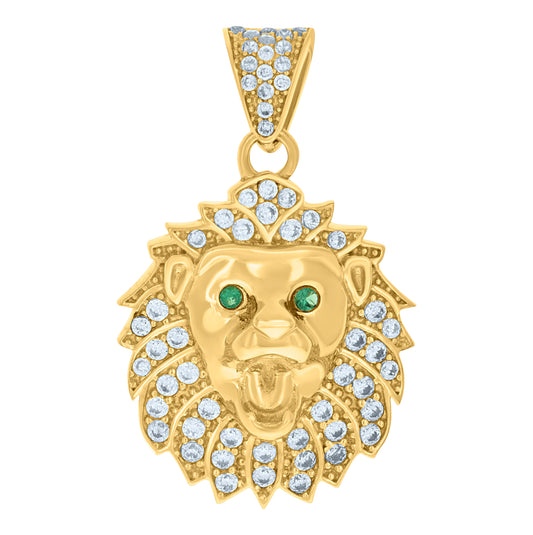 10K Yellow Gold Mens Green White Cubic-Zirconia Leo/Lion Head Animal Zodiac Sign/Wildlife Charm Pendant