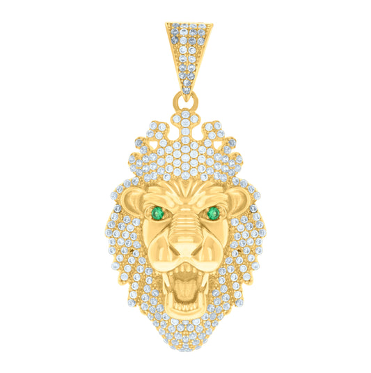 10K Yellow Gold Mens Green White Cubic-Zirconia Leo/Lion Head Animal Zodiac Sign/Wildlife Charm Pendant