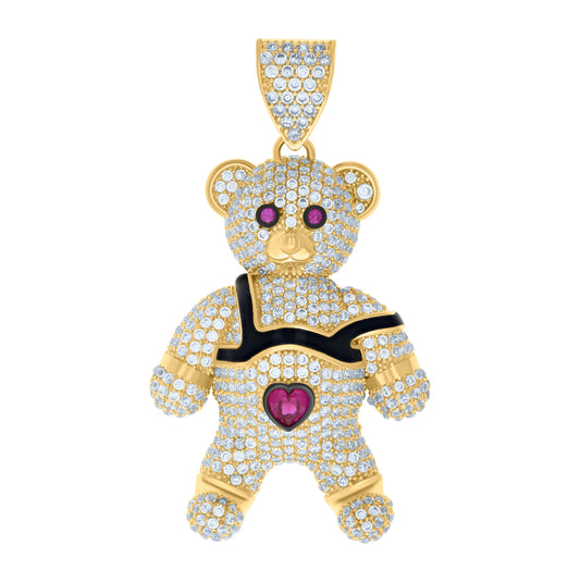 10K Yellow Gold Black-tone Mens Pink White Heart Round Cubic-Zirconia Teddy Bear Charm Pendant