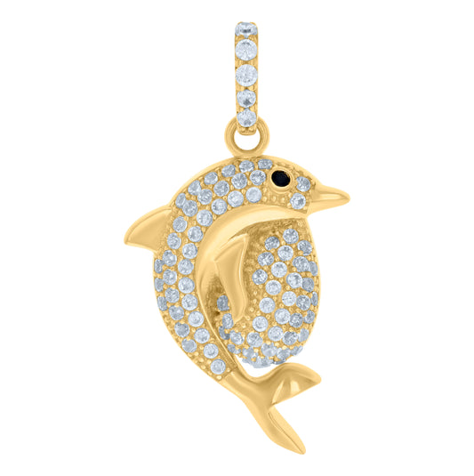 10K Yellow Gold Womens Black White Cubic-Zirconia Dolphin Fish Ocean Charm Pendant